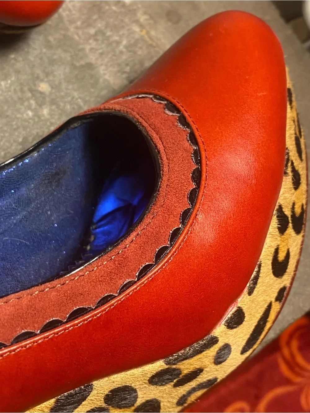 Irregular Choice Body Love platform wedges,red leather,leopard faux fur,in box,7